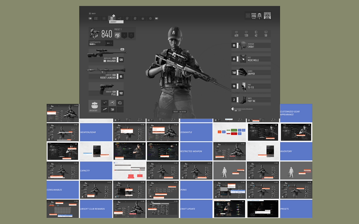 Wireframes and documentation for the Loadout page on Ghost Recon Breakpoint