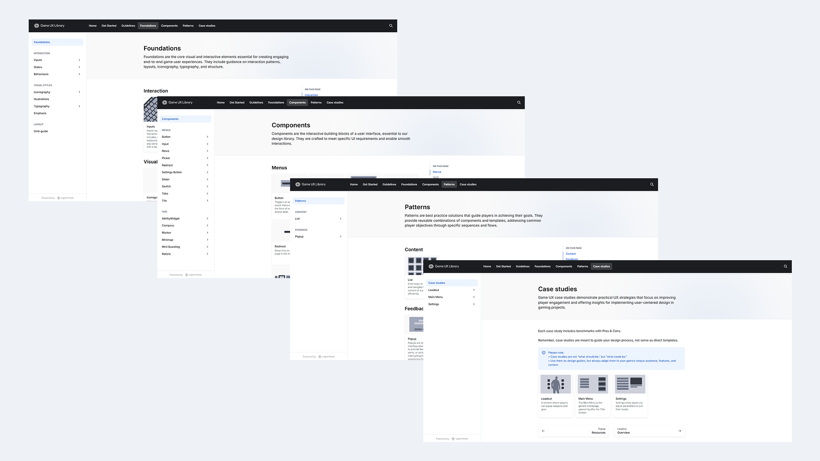 Various pages from the Game UX Library documentation site